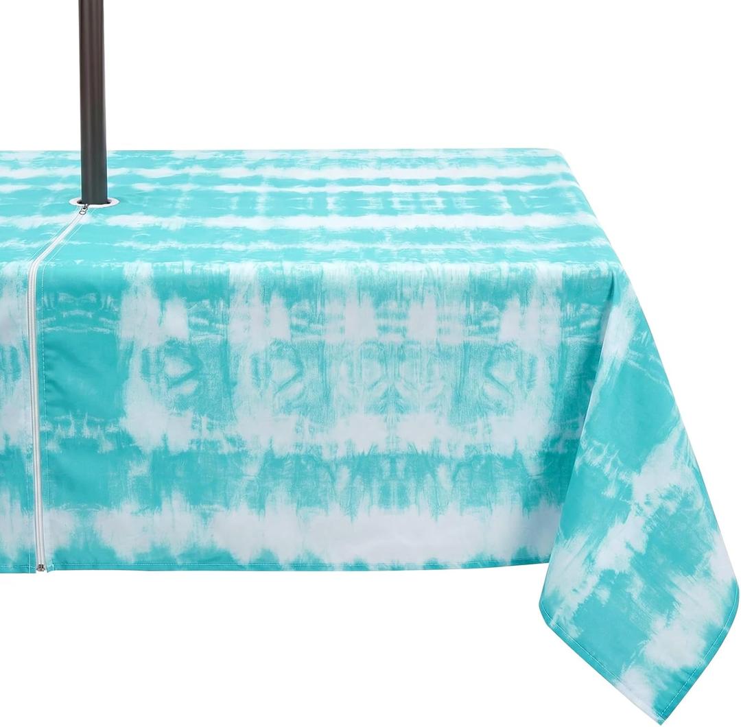 Outdoor Tablecloth with Umbrella Hole Waterproof Heavy Duty 60 x 84 Inch Rectangular Patio Table Cloth Cover with Zipper for Garden, Picnic, Backyard Party, Teal Tie-Dye