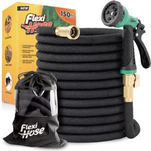 Flexi Hose Plus Expandable Garden Hose with 8 Function Nozzle, 150FT - Lightweight Retractable Garden Hose, Water Hose - No-Kink Flexibility, 3/4 Inch Solid Brass Fittings Includes Hook & Bag