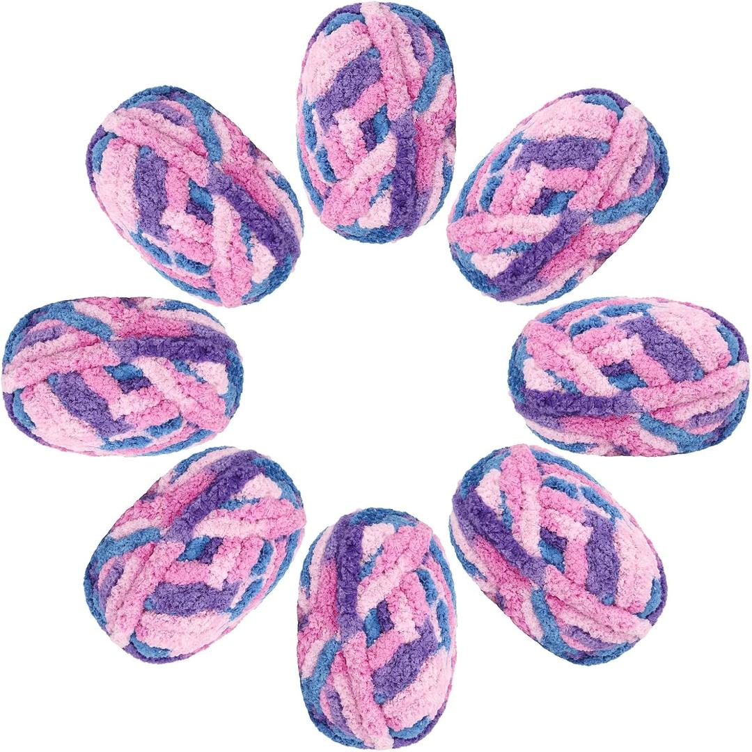 Chunky Yarn for Hand Knitting Crocheting, Aeelike Polyester Soft Jumbo Fluffy Chenille Yarn for Blankets Rugs Mats, 8 Skeins Bulky Yarns for Beginners & Hand Crafter, Purple Pink