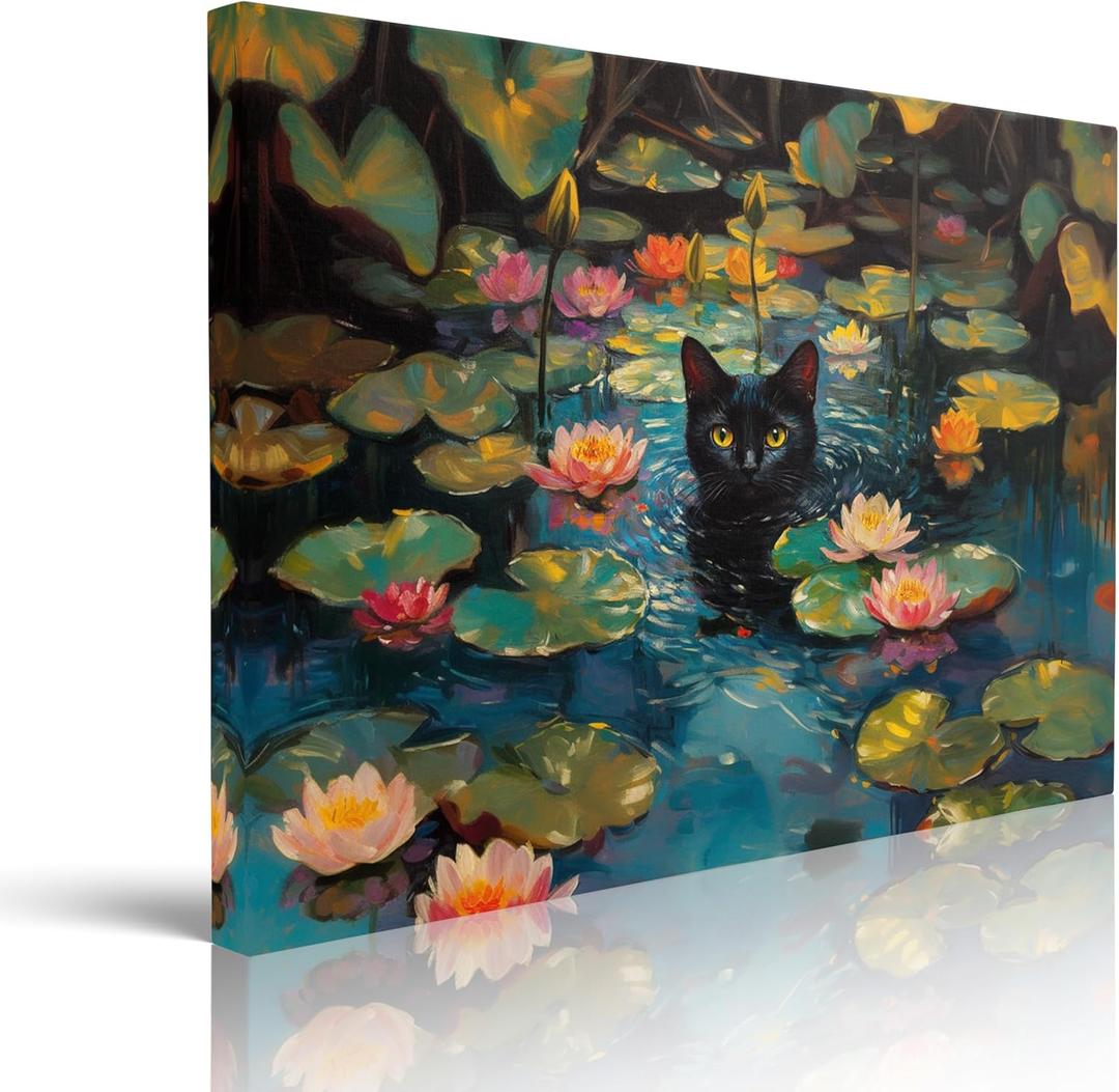 Framed Retro Monet Water Lilies With Funny Black Cat Canvas Prints Wall Art Water Lilies Pictures Paintings Poster Canvas Wall Decor for Living Room Bedroom Wall Decorations Ready to Hang (12''X16'')