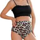 Bhome Maternity Swimsuit Two Pieces Adjustable Spaghetti Straps Smocked Bandeau Top with High Waisted Pregnant Swimwear (Large, Black and Khaki Leopard Prints)