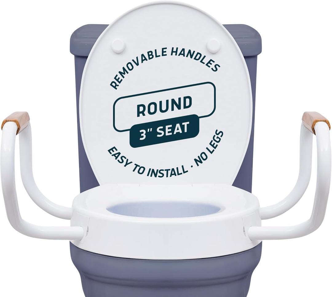 Lunderg Raised Toilet Seat with Handles - Round/Standard - Easy to Install Toilet Seat Risers for Seniors - Adds 3 Inches & Works like the one youve always used - Elegant design - No Hospital Vibe