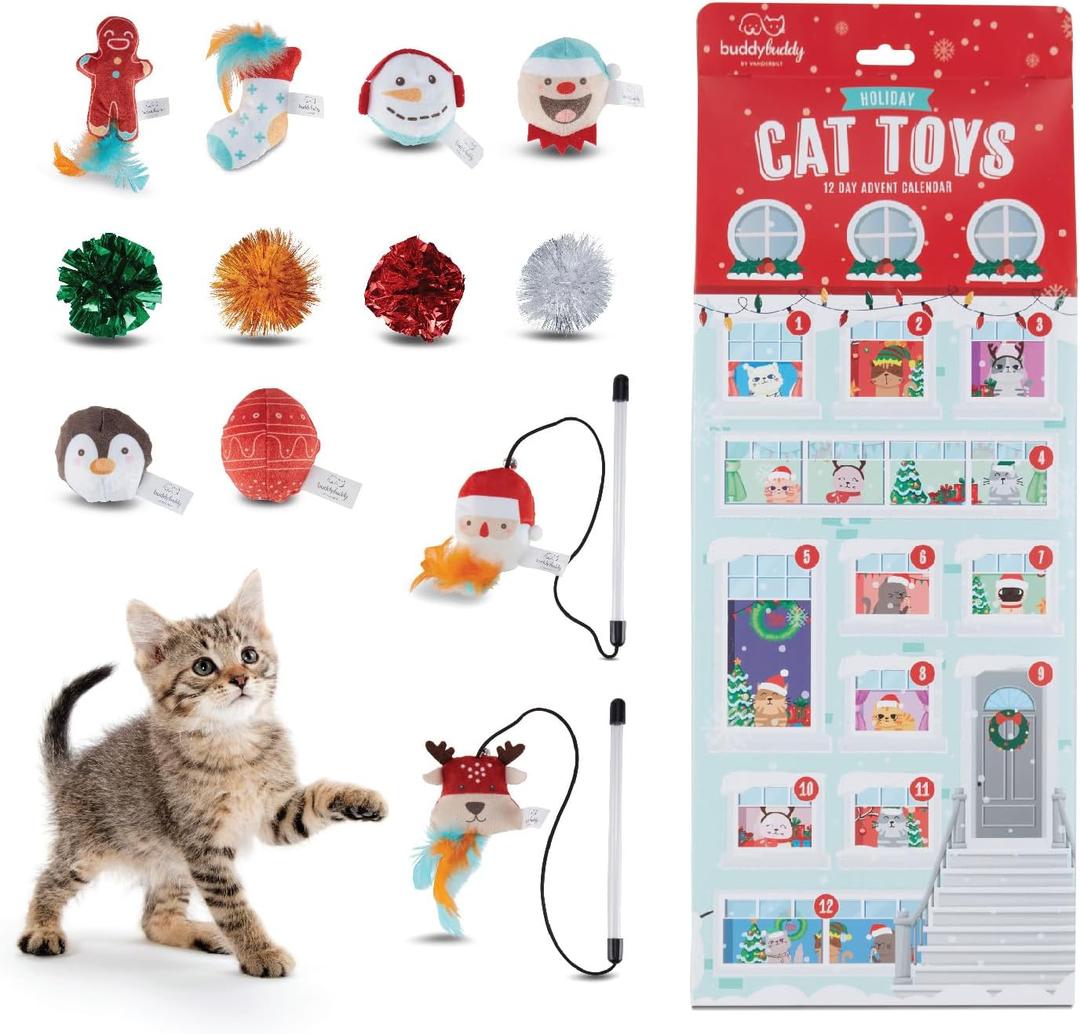 12 Day Festive Whisker Wonderland Advent Calendar Surprise Each Day For 12 days Christmas Gift Box for Cats, with Catnip-Infused Delights, Plush Crinkle, Balls, and More for Holiday