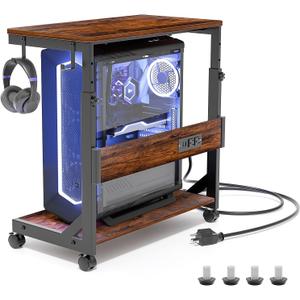 Height Adjustable Computer Tower Stand with Charge Station and USB Charging Port, 2-Tier ATX-Case Cart, Under Desk Mobile PC Stand, CPU Holder Cart with Locking Caster Wheels for Fits Most PC (Brown)