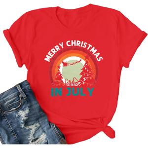Merry Christmas in July Shirt Women Christmas Tree Graphic Tee Summer Xmas T-Shirt Funny Vacation Short Sleeve Tops (Red, XXL)