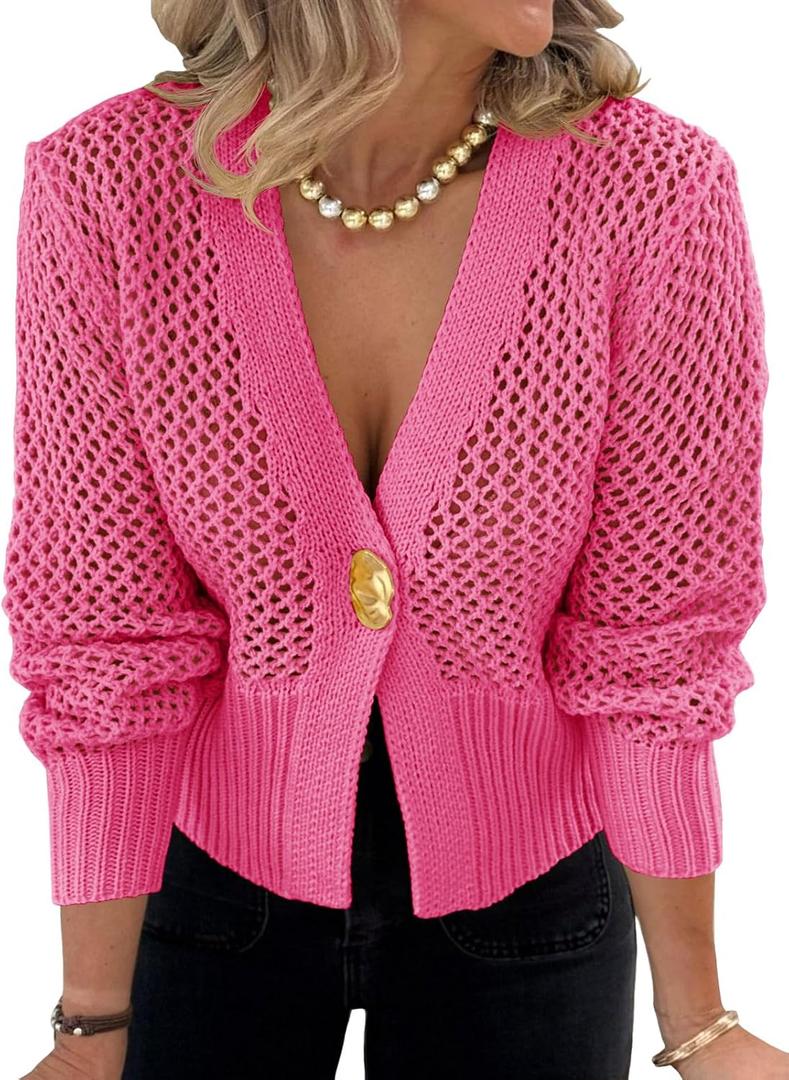 Cicy Bell Womens Cropped Crochet Cardigans Hollow Out Button Down Lantern Sleeve Knit Sweaters Casual Mesh Loose Fit Cover Up (Pink), Size Large