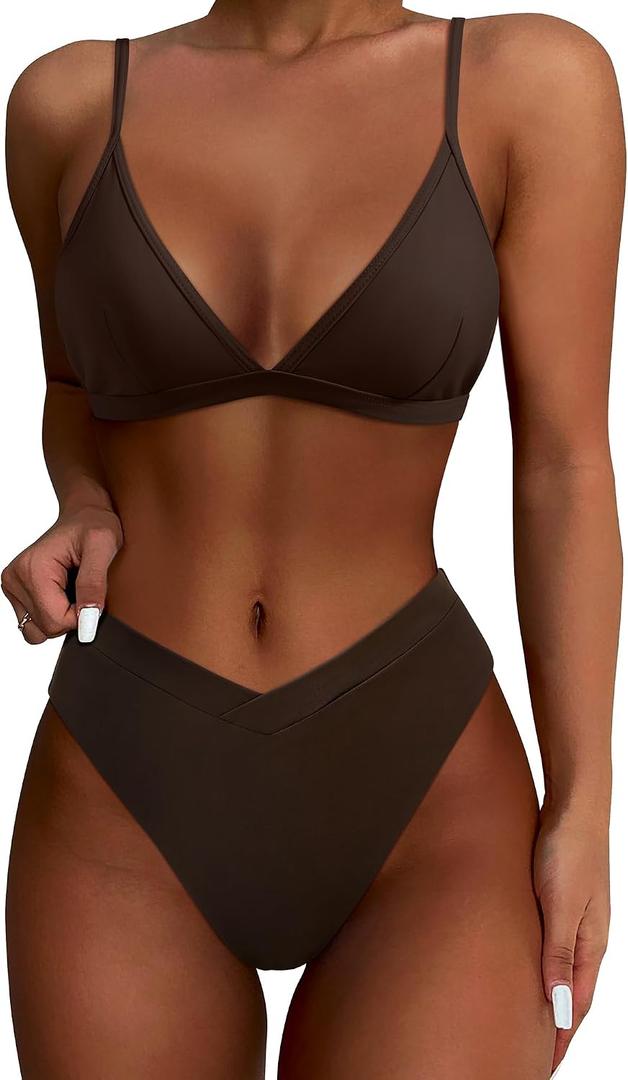 SUUKSESS Women Triangle High Cut Bikini Sets Sexy High Waisted 2 Piece Swimsuit (Brown, M)