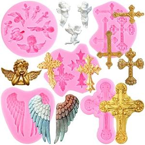 LKDQUTHM Angel Wings Fondant Molds Cross Silicone Molds For Baptism Cake Decorating Cupcake Topper Chocolate Gum Paste Candy Polymer Clay Set Of 5