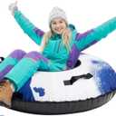 Snow Tube, 45''/48'' Rubber Snow Tubes with Commercial Grade Canvas Cover for Kids & Adults, Inflatable Heavy Duty Snow Sled Thickened Hard Bottom with Tow Strap, Sleds Winter Gifts