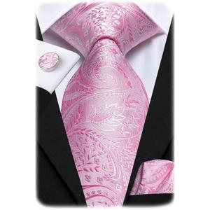 Hi-Tie Paisley Floral Ties Set for Men Silk Mens Stripes Necktie Pocket Square Cufflinks Set Formal Business (Pink)