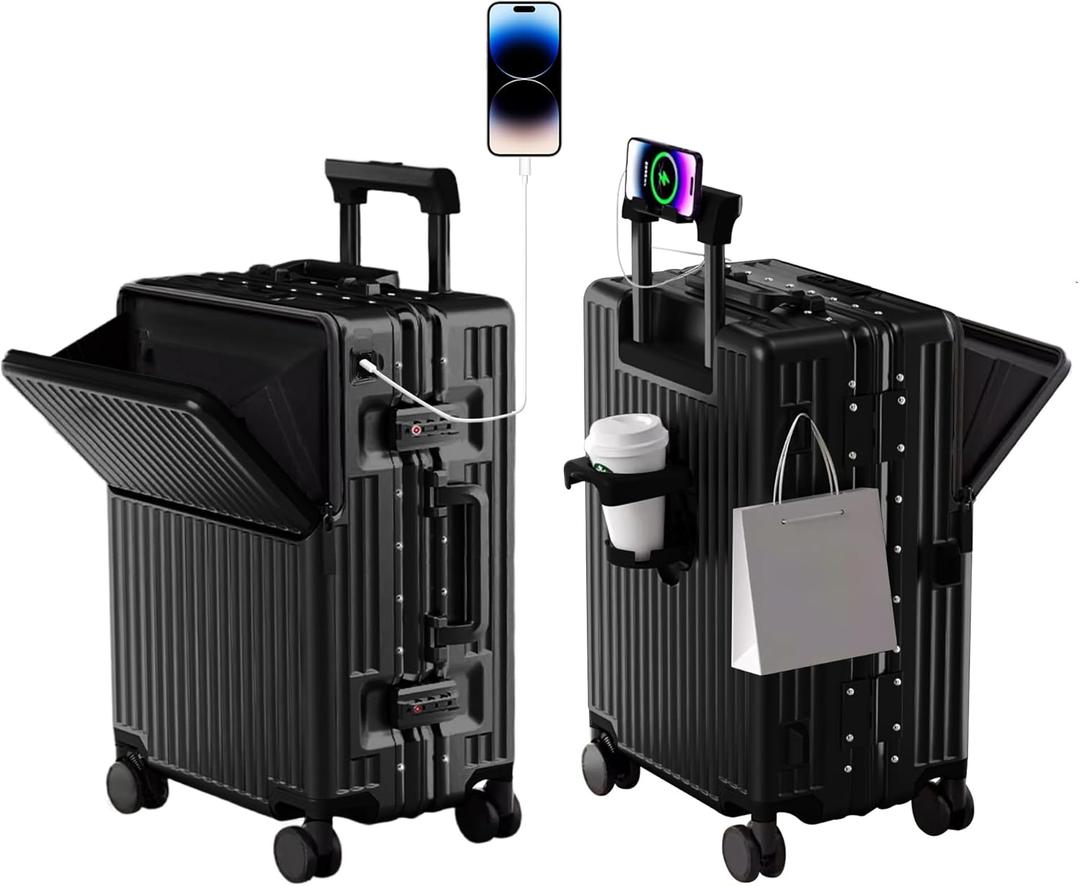 Zipperless Luggage, Polycarbonate Aluminum Hard Shell, Expandable Carry-On Suitcase with Spinner Wheels, Hard Shell Suitcase, 26 Inch Cabin (Black)