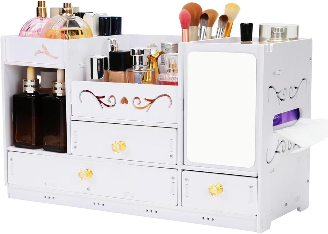 Wooden Makeup Organizer for Vanity - Large White Countertop Organizer with Mirror, 3 Drawers & Brush Holder | Cosmetic & Skincare Storage Desk Organizer for Dorm, Bathroom