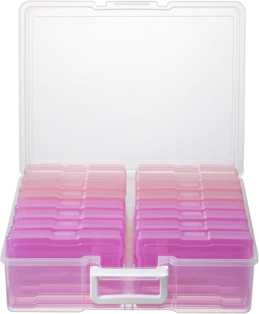 novelinks Transparent 4" x 6" Photo Cases and Clear Craft Keeper with Handle, 16 Inner Photo Organizers & Photo Storage Box, Plastic Photo Storage Containers (Pink Gradient)