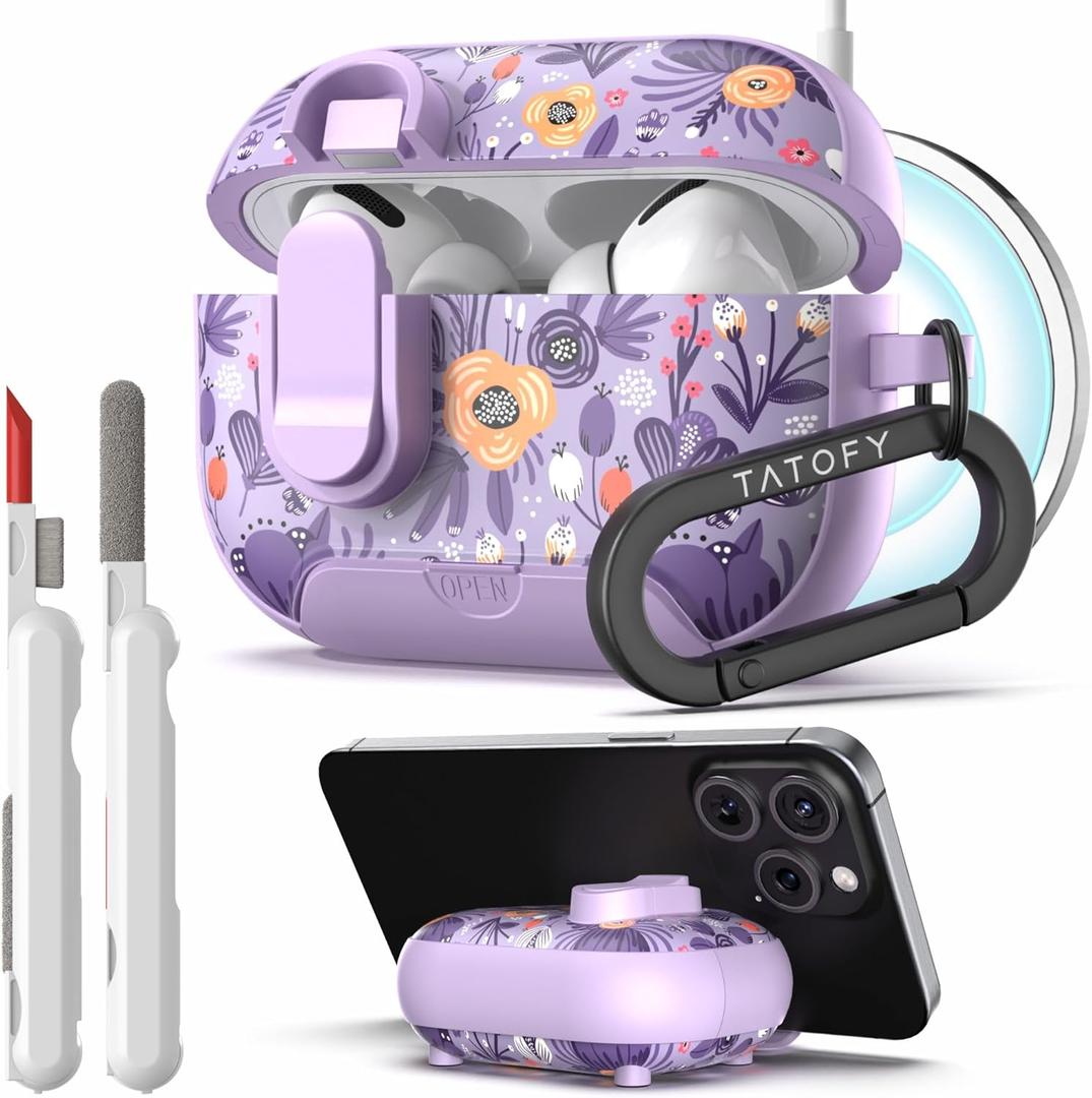 TATOFY for AirPod Pro 1st & 2nd Gen Case with Phone Stand Lock Carabiner Cleaning Kit, Floral AirPods Pro Hard Shell Dustproof Cover for Women, MagSafe Compatible (Purple 1, AirPods Pro & Pro 2)