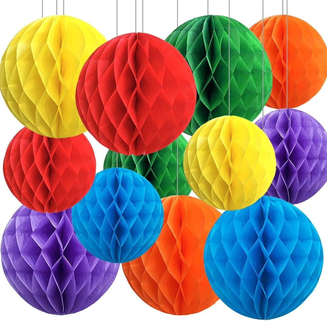 Rainbow Paper Honeycomb Balls,12 Pack Colourful Hanging Tissue Pom Poms for Mexican Engagement Fiesta Cinco De Mayo Party Decorations