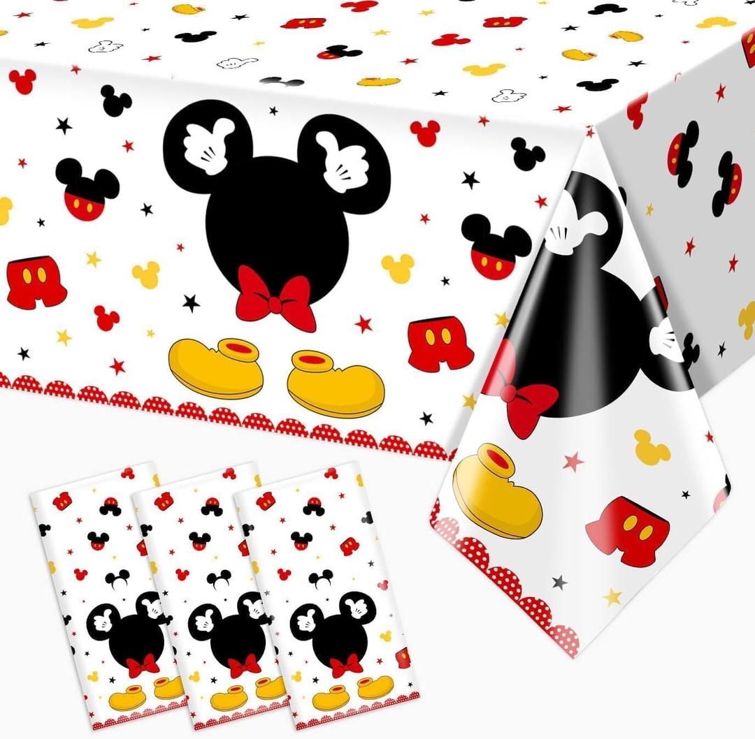 3pcs Mouse Birthday Tablecloth Red Mouse Head Cartoon Plastic Table Cover Disposable Table Party Decoration for Boys (108"L x 54"W)