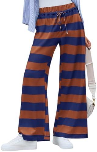 Yousify Womens Striped Wide Leg Flare Pants Casual Drawstring Elastic Waist Loose Yoga Lounge Pant with Pockets S