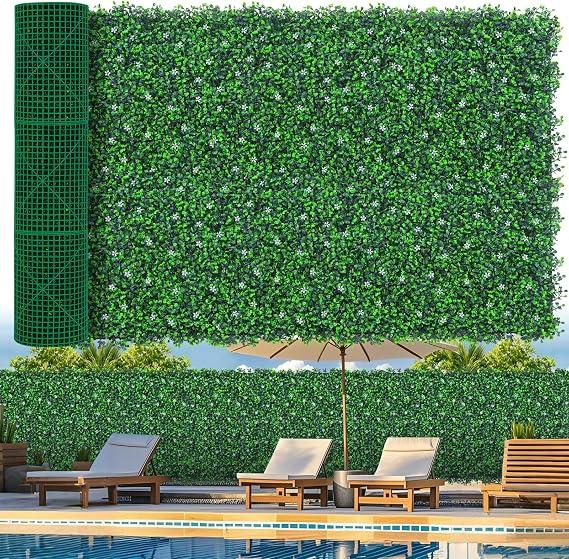 Grooy 48"x 120"(40 sq.ft) Artificial Boxwood Grass Wall Roll with Flowers | UV-Resistant Boxwood Hedge, Green Boxwood Leaves Fence Backdrop, Fake Ivy Greenery, Plant Wall Decor for Outdoor Indoor