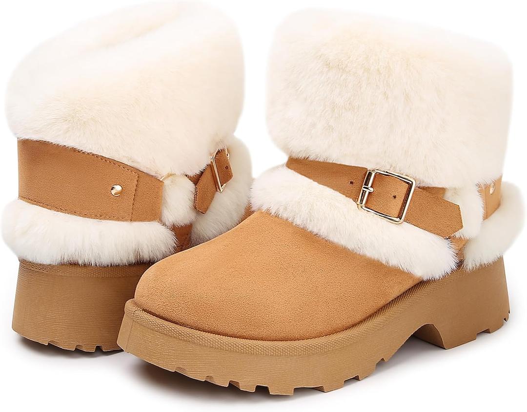 Furry Winter Boots for Women, Block Heels Snow Boot Platform Flurry Fuzzy Winter Booties Buckle Slip-On Comfort Outdoor Walking Shoes (5, Chestnut)