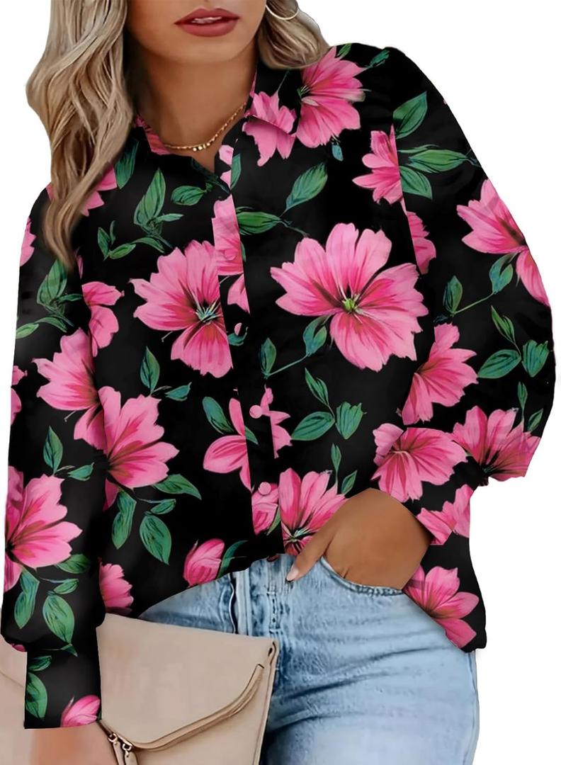 Eytino Women Plus Size Tops Summer V Neck Long Sleeve Button Down Pleated Business Work Blouse Shirts (1X-5X) (Z5 Black)