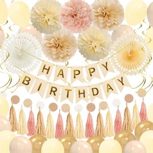 Champagne-Gold Happy Birthday Party Decorations for Women Girls with Happy Birthday Banner,Tassel,Tissue Paper Pompoms, Paper Flower Fan,Hanging Swirl,Circle Garland,Balloons for Party Decor