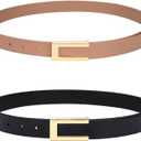 Womens Leather Belt Skinny Waist Belt for Dresses Jeans Pants with Gold Buckle (M: Fit Waist 29"-35", Black+khaki)