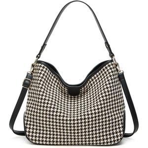 Women's Knitted Shoulder Crossbody Bag Fashion Checkered Handbag Large Totes Casual Work Top Handle Purse (Black)