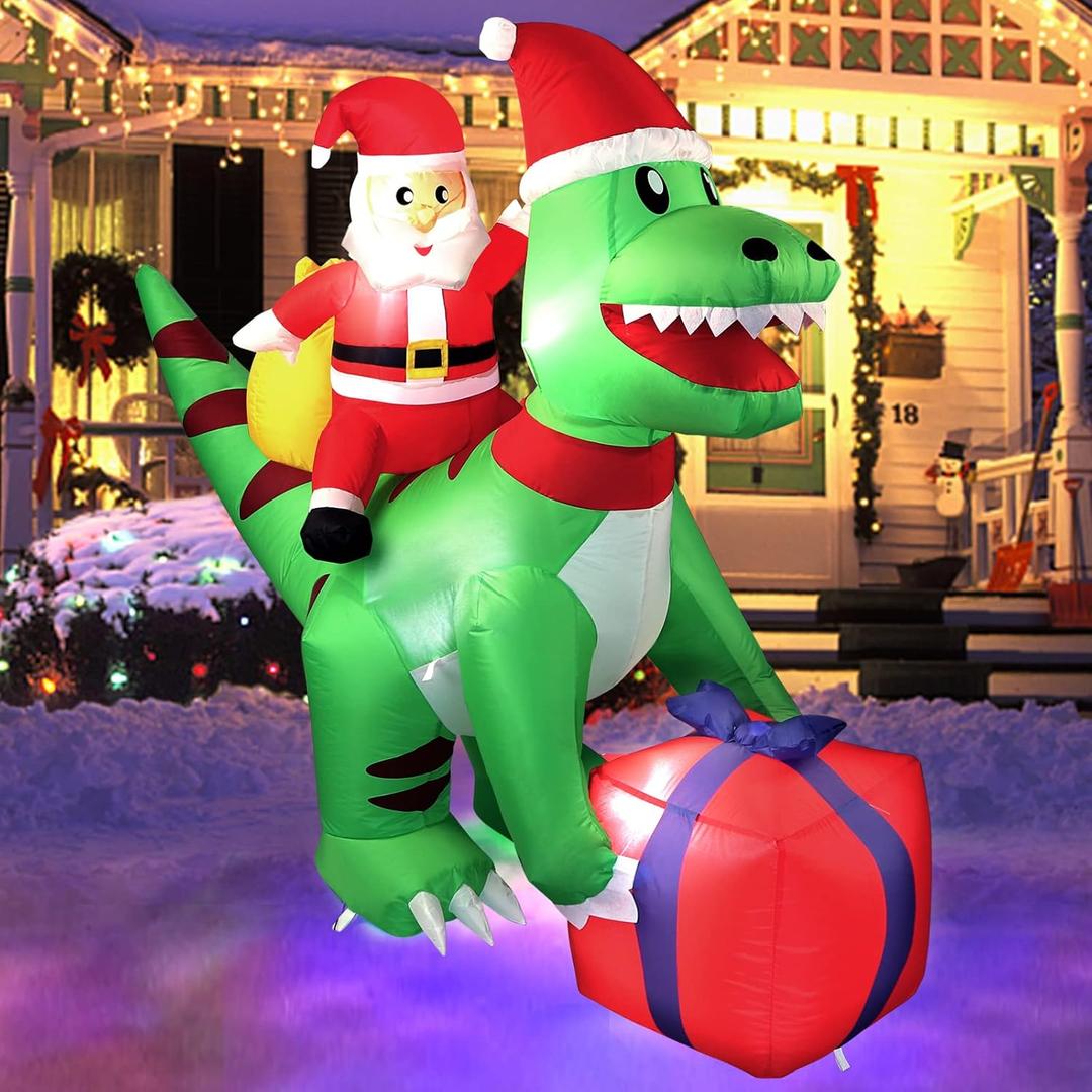 5 Ft Christmas Inflatable Dinosaur with Santa, LED Lights, Indoor Outdoor Holiday Yard Decor, Green T-Rex with Gift Box