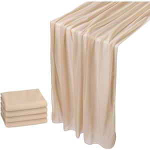 WELTRXE 4 Pack Champagne Chiffon Table Runner 30x120 Inches Romantic Sheer Wedding Table Runner Glitter Brown Tulle Fabric Party Table Decorations for Wedding, Birthday Party, Bridal & Baby Shower