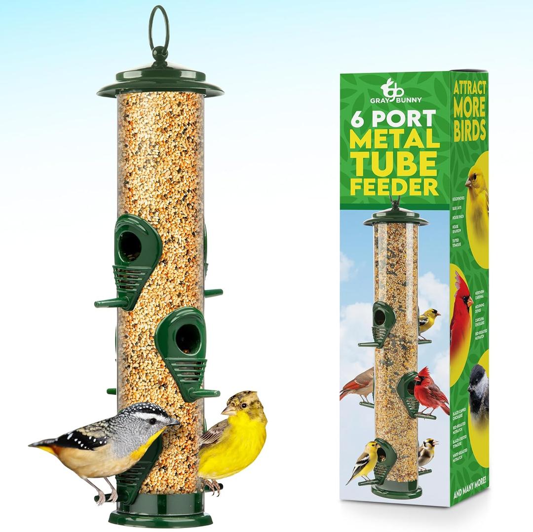 Bird Feeders for Outdoors (Green) Squirrel Proof Hanging Bird Feeder with Locking Lid & Adjustable Hanger, Chew-Proof, Weather Resistant 15 Inches 6 Port