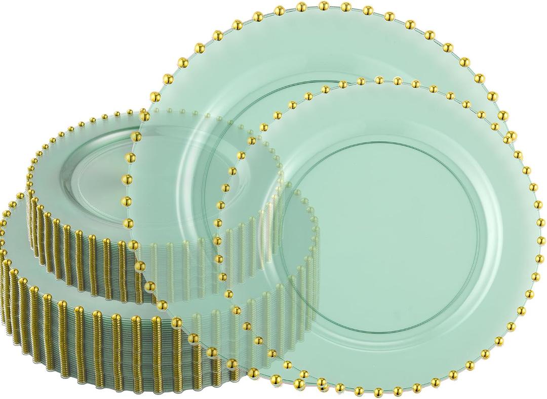 PLASTICPRO 128 Piece Combo Plastic Dinner Plates Disposable Plastic Fancy Heavy Duty Party Dishes 7 inch and 10 inch, Translucent Green and Gold Beaded