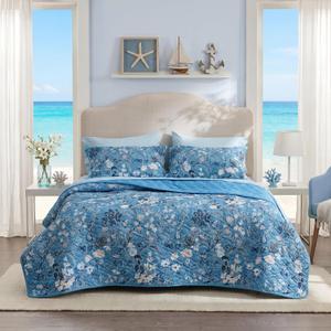 Bedsure Summer Quilt Queen Size - Lightweight Floral Comforter Queen Size, Blue and White Bedspread Quilted Bedding, Reversible Soft Microfiber Coverlet for All Seasons (90"x96") | Lightweight, Summer, Reversible, Ultra Soft, Floral