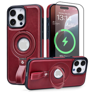 Butaiga for iPhone 13 Pro Max Leather Case with Stand, AntiSlip Grip Ring, Fits for MagSafe (Burgundy, iPhone 13 Pro Max)