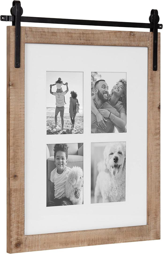 Kate and Laurel Cates Farmhouse Wooden Collage Picture Frame; 21x26 Matted to (4) 5x7; Rustic Natural Brown; Photograph Frame Fitting Four 5x7 Images with Barn Door-Inspired Design, 16x20 matted to 5x7