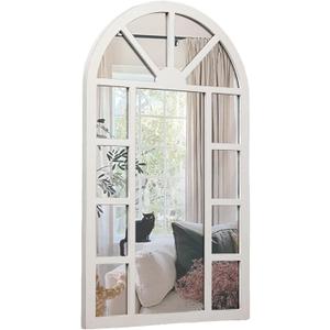 Rustic Wooden Arched Window Mirrors for Wall Decor 24 x 40 inches, Hanging Distressed White Farmhouse Decorative Wall Mounted Window Pane Mirrors for Living Room Hallway Bedroom Christmas