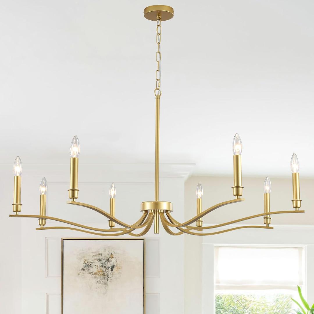 Gold Chandelier Light Fixture Modern Farmhouse Chandeliers for Dining Room 8 Light Candle Chandelier 44Inch Hanging Light Over Table for Foyer Entryway Bedroom Living Room Kitchen