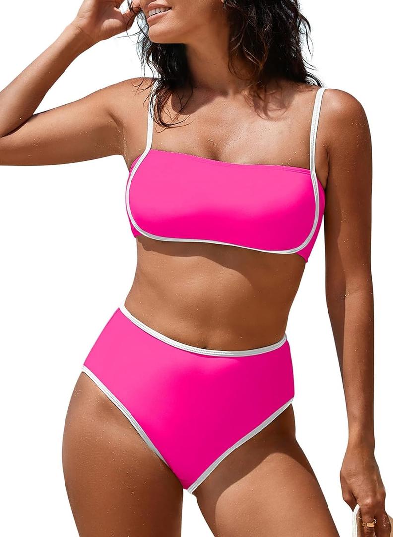 Pink Queen 2026 Women's High Waisted Bikini Sets Two Piece Swimsuit Color Block High Cut Bathing Suits Beach L