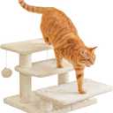 15''H Multi-Step Pet Stairs for High Beds & Sofas, 3-Step Cat Stairs with 2 Toy Balls, Wide Boards for Indoor Kittens Dogs Pets Climbing, Beige