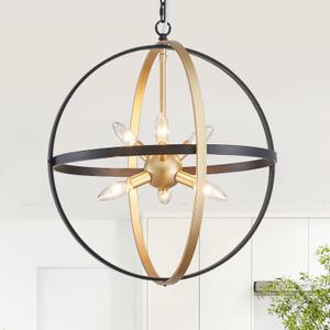 XINGQI Farmhouse Globe Chandelier Black and Gold Pendant Lighting, 6-Light Industrial Hanging Light with Metal Spherical Shade for Dining Room,Kitchen Island,Living Room,Hallway,Entryway