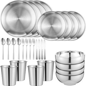 Jinei 28 Pcs 304 Stainless Steel Dinnerware Set 10 Inch 7 Inch Stainless Steel Plates Bowls Cups Forks Spoons and Knives Sets Reusable Metal Camping Dinnerware for Home Outdoor Picnic Kitchen Jinei 28 Pcs 304 Stainless Steel Dinnerware Set 10 Inch 7 Inch Stainless Steel Plates Bowls Cups Forks Spoons and Knives Sets Reusable Metal Camping Dinnerware for Home Outdoor Picnic Kitchen
