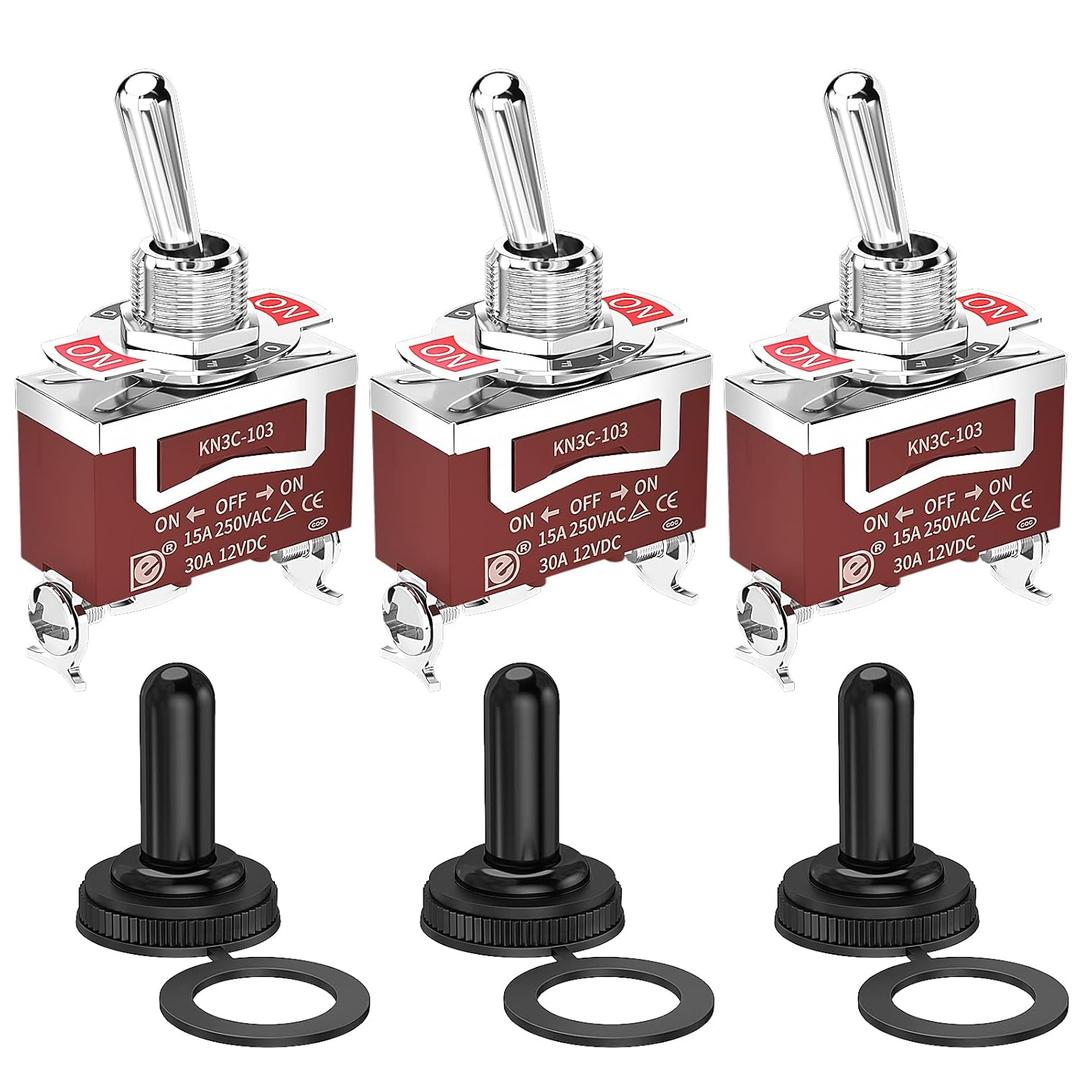 Joinfworld Waterproof Toggle Switch 12V Marine ON Off ON 3 Pin 3 Position SPDT 12 Volt DC 30A Heavy Duty 3 Way Toggle Switch with Boot Cap Cover for Car Auto Truck Boat - 3 Pack