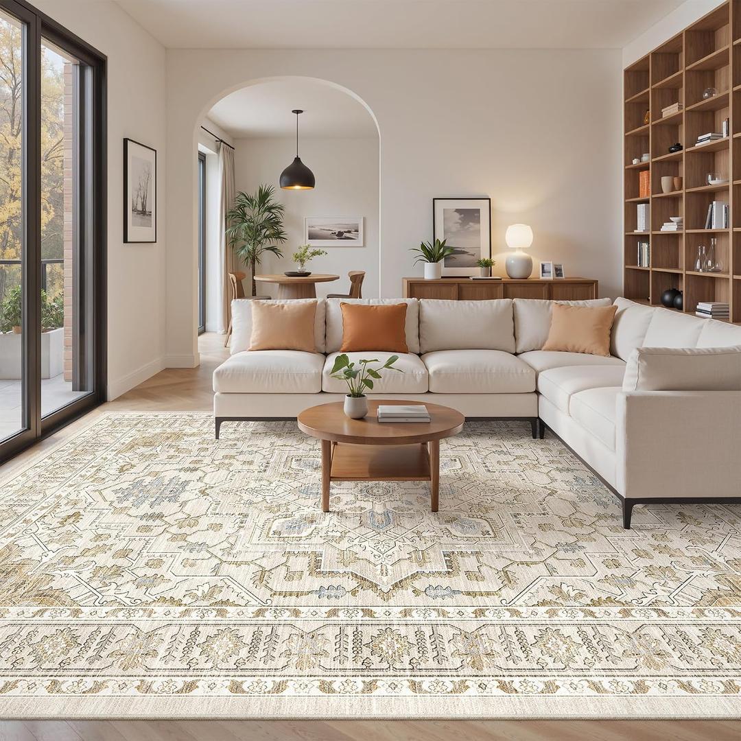 befbee 8x10 Area Rug for Living Rooms, Stain Resistant Neutral Washable Rugs for Dining Rooms, Floral Vintage Non-Slip Thin Large Size Area Rugs(Beige)