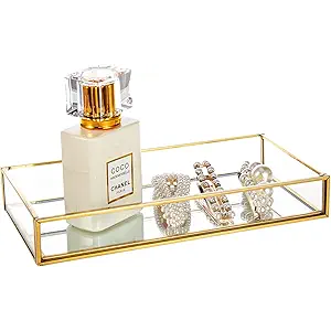 Feyarl Small Gold Clear Glass Perfume Tray Vanity Jewelry Trinket Rings Earrings Organizer Tray Collection Display Decorative Tray for Dressr Drawer Office Tabletop (7.87Inch)