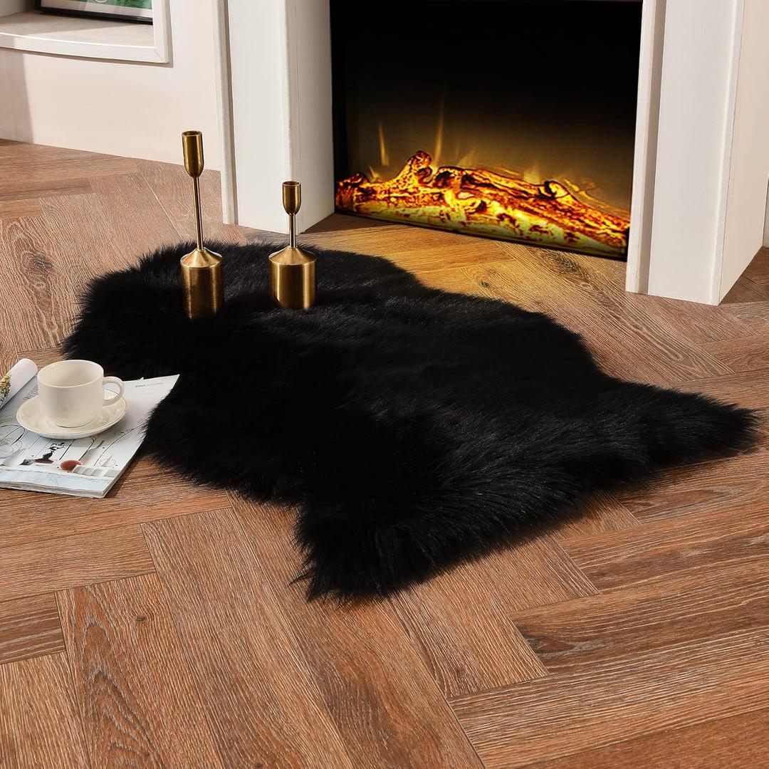 duduta Black Faux Sheepskin Fur Throw Rug 2x3 ft, Fluffy Shag Chair Cover Small Bedside Dorm Rug Non Slip Machine Washable