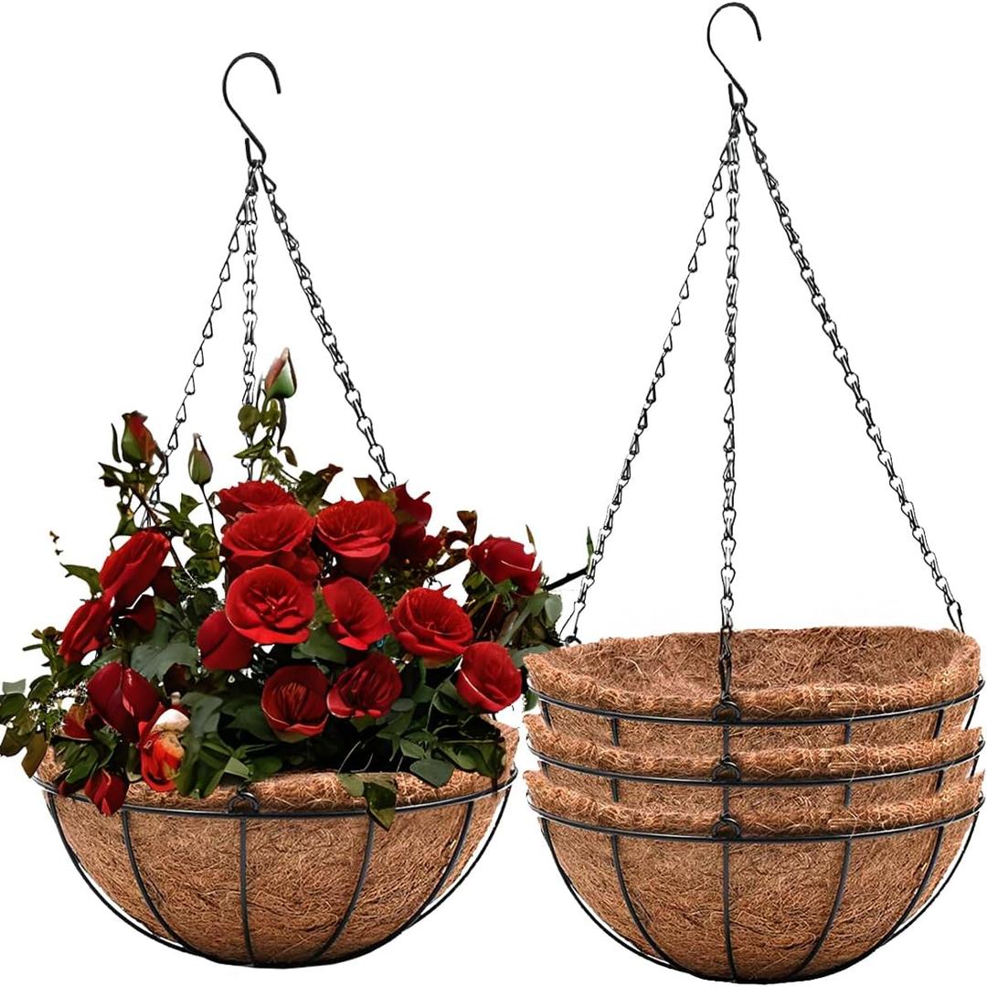 Hanging Baskets for Plants Outdoor(8 inch 4 Pack)- Coconut Coir Hanging Planters Outdoor, Metal Wire Baskets with Coco Liner, Hanging Pots for Plants Indoor, Flower Pots for Railings
