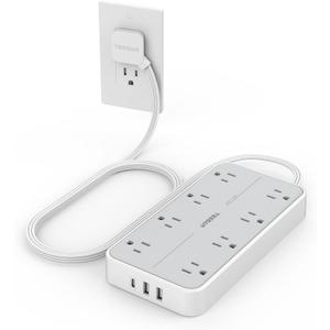 Power Strip Surge Protector, TESSAN Flat Plug Extension Cord with 8 Outlets 3 USB Charger(1 USB C), 1080 Joules Protection, Wall Mountable Charging Station for Home Office School Dorm Room Essentials (Gray)