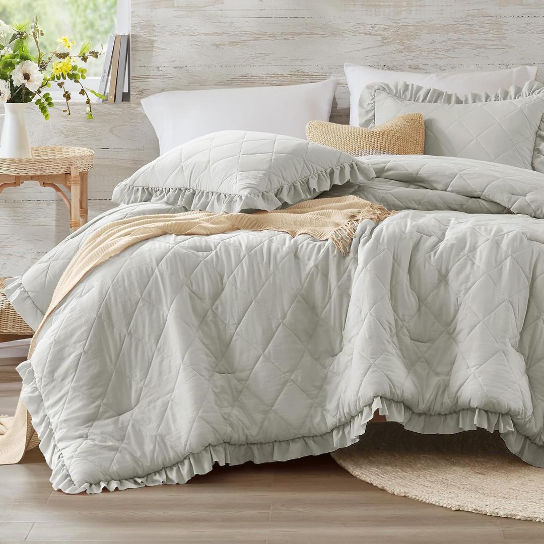 Degrees of Comfort Ruffle Edge Comforter Set - King/Cal King Gray, Farmhouse All-Season 3 PCS Bedding Set with Modern Neutral Design for Easy Care Bedrooms