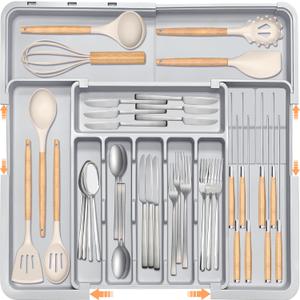 Silverware Drawer Organizer for Kitchen, Adjustable Utensil Drawer Organizer with 2 Knife Block, BPA Free Flatware and Cutlery Holder, Expandable Plastic Storage for Spoons Forks Knives(Grey)