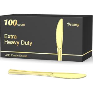 Dealusy 100 Count Heavy Duty Gold Plastic Knives Disposable, BPA-Free, Heat Resistant, Solid and Durable Premium Plastic Disposable Knives for Party Supply
