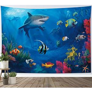 HVEST Blue Ocean Shark Tapestry Tropical Fish and Coral in Undersea World Tapestry Wall Hanging Sea Nature Landscape Wall Art for Bedroom Living Room Kids Tree Dorm Party Decor, 60W X 40H inches
